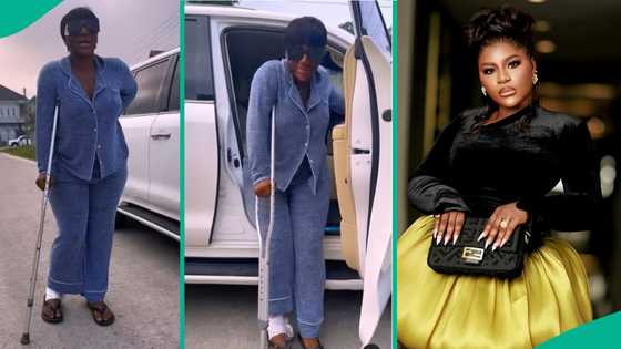 Destiny Etiko in pains, walks with crutch after sustaining injury, Funke Akindele, celebs react