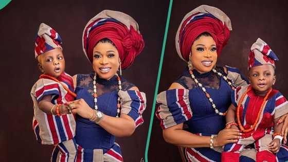 "This is lovely": Woman and her son slay in matching aso-oke outfits, give family goals