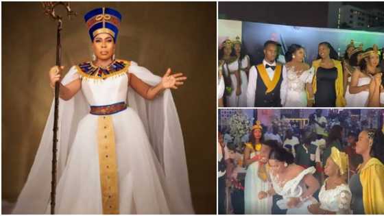 Fathia Balogun makes grand Egyptian entrance at birthday party, 8 maidens in white outfits lead her into venue