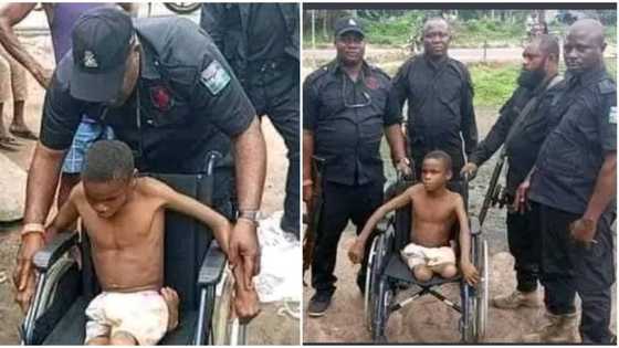 "This is lovely": Photos show cute moment Nigerian policemen gifted wheelchair to crippled boy in Rivers state