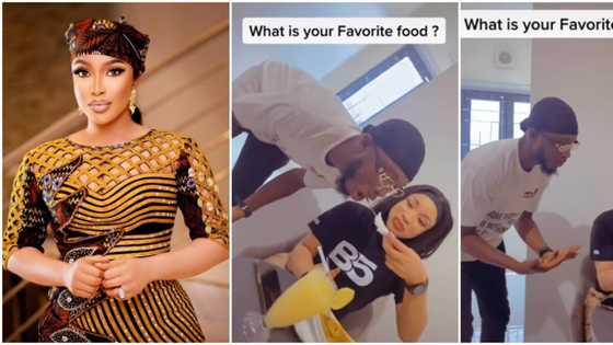 "She no want make ur spit enter her fork": Tonto Dikeh feeds male fan with knife in hilarious video