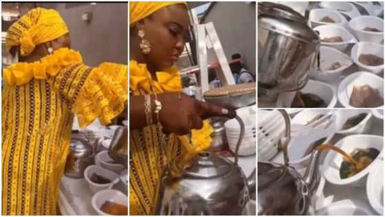 Video captures lady serving ewedu and gbegiri with kettles, Nigerians give mixed reactions