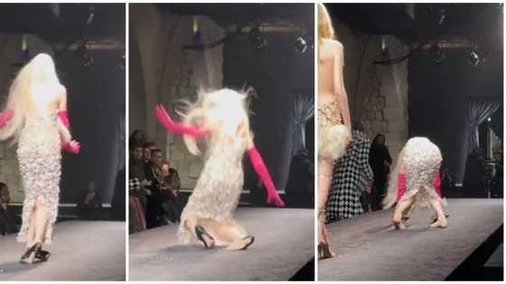 Reactions as model falls down after struggling to walk in high heels: "Why can't they provide normal shoes?"