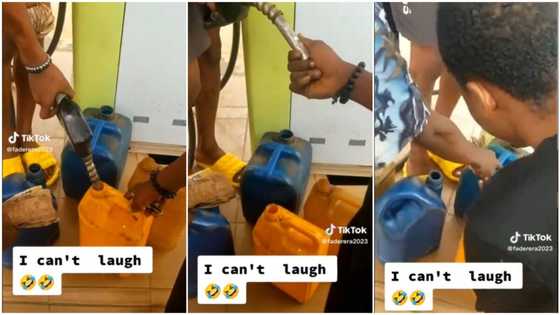 "That one go charge phone full": Nigerian man holds fuel pump, uses hand to wipe last drop in video
