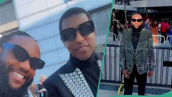 Grammys 2025: KCee dazzles in silver embroidered suit, shares moment with US singer Babyface