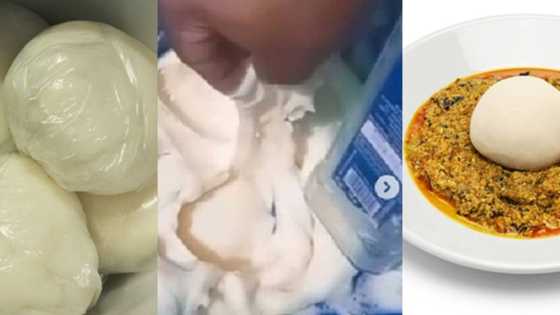 Man shocks Nigerians in Osogbo, pounds smooth-looking fufu inside blue basin, uses wine bottle as pestle