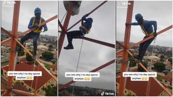 "You see why I no dey spend anyhow": Video of man climbing tall mast to make a living at work stirs reaction
