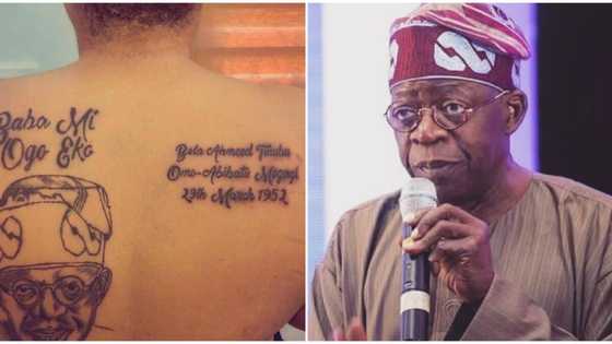 Lady massively snubs Nigerian celebrities, tattoos Bola Tinubu's face, name and date of birth on her back