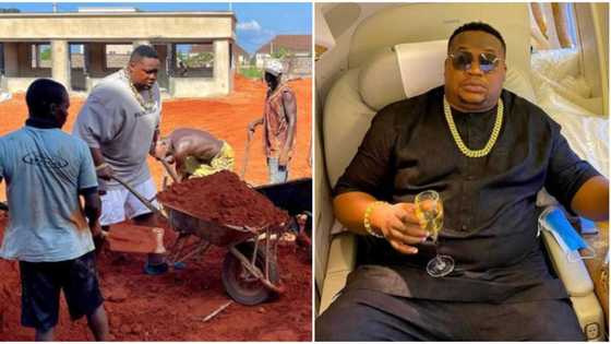 Na picture he carry am snap: Reactions as Cubana Chiefpriest joins labourers to push sand-filled wheelbarrow
