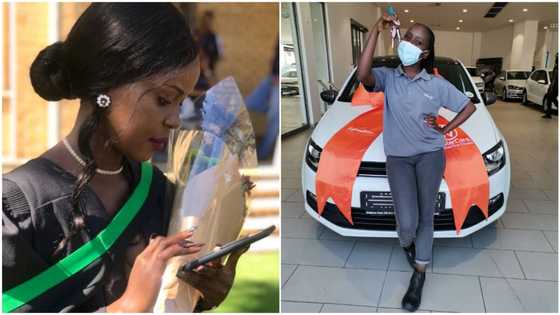 Young lady buys her first car, appreciates her employer for giving her a job