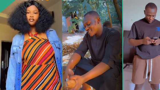 "See wetin you do my brother": Lady amused as boyfriend ends up peeling cassava in her family house