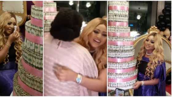 Regina Daniels at 22: Moment actress got emotional after mum surprised her with 8-tier dollar bill cake