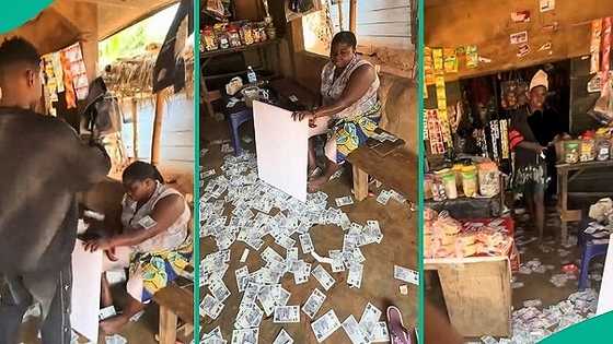 Mixed reactions as Nigerian boys spray cash on mum at her provision shop, video trends online