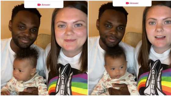 "We met on TikTok": Video emerges as Oyinbo lady flies from her country to be with fine man, she gives birth