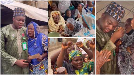 Video as Cute Abiola gives out 1st salary as SSA to widows in his community, sheds tears as they pray for him