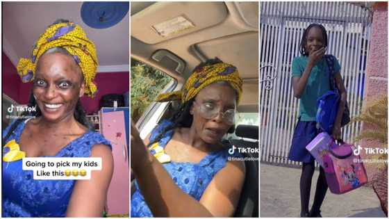 "No make dem run o": Mother dresses up like old woman, goes to pick her kids from school, they react in video