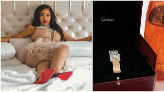 BBNaija: Massive surprise as Erica splashes whopping N15m on gold-coloured Cartier wristwatch, shows fans