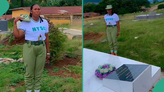 NYSC: Video shows moment female corper gave heartfelt speech at her mother's grave, salutes her