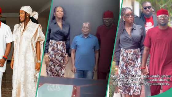 Video as Paul PSquare, new wife Ivy visit Governor Otti, fans react: "Where is Peter?"