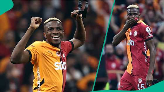 Victor Osimhen reacts after scoring his 1st hat trick for Galatasaray vs Antalyaspor