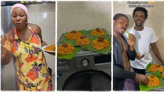 "You refused to wash plates": Lady with 4 grown brothers serves them jollof rice in plantain leaves