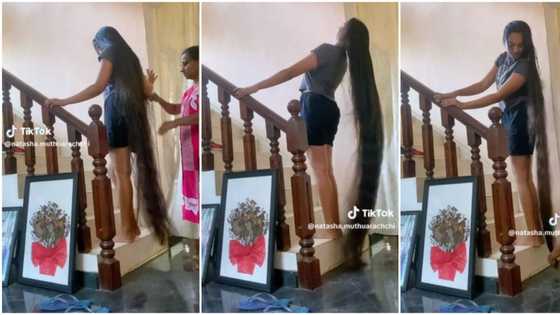 "I'll need 100 years": Young lady shows off her long natural hair that reaches her feet, video shocks women