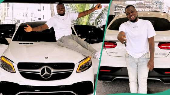 Comedian Egungun buys another Benz in 2023, photos cause drama among Nigerians: “This guy na thief”