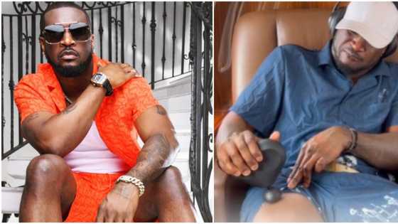 It's old age catching up: Reactions as Peter Okoye massages leg on plane after muscle strain