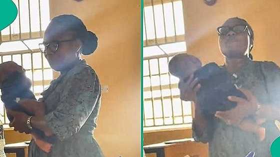 Caring female lecturer carries student's baby while teaching in class, video melts hearts on TikTok