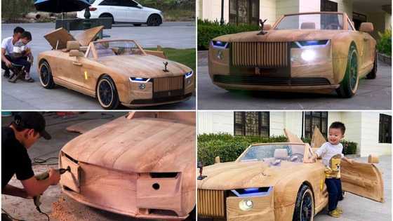 Talented man cuts ordinary wood, uses it to build sweet Rolls Royce Boat Tail car for son, drives it in video