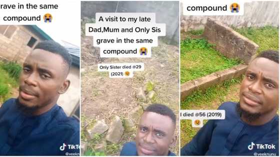 Nigerian man emotional as he visits graves of mum, dad and only sister in one compound, video melts hearts