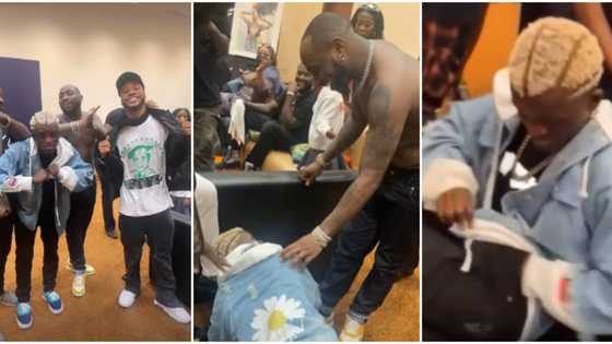 Zazu crooner Portable prostrates as he meets Davido, Imade for first time, quickly hides his dollars From Poco