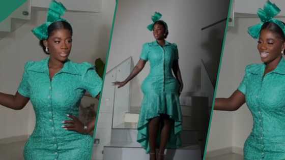 Lady wears beautiful dress with "loud" hips, amuses netizens: "This one na adjacent hips"