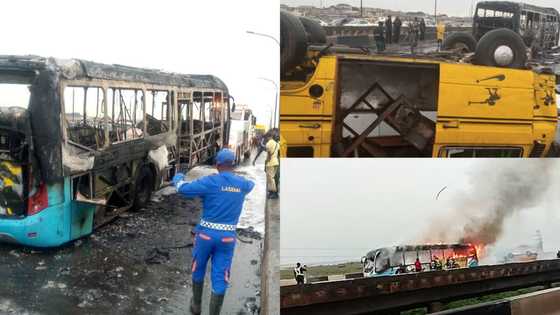 Lagos auto-crash: Photos emerge as BRT catches fire, runs into danfo, kills driver, injures passengers