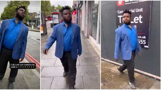 "U carry this shoe": Sabinus lands in London, walks around in his blue shirt, black trousers, video wows fans