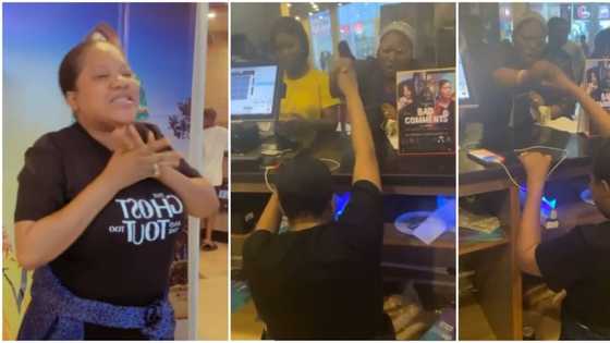 Akure pastor wowed by Toyin Abraham's new film looks for her in cinema, makes actress kneel down for prayers