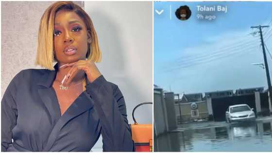 You never see something: Hilarious reactions as Tolani Baj shares video of her flooded area in Lekki