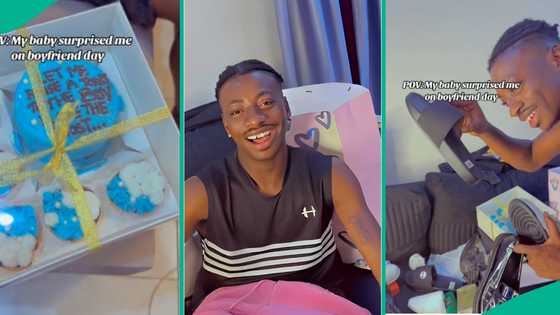 Nigerian lady gives her man expensive shoes and cake on boyfriend day, he rejoices in video