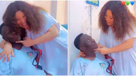 Monalisa Chinda caresses Mr Ibu's face during visit to hospital, makes sick actor playful in touching video