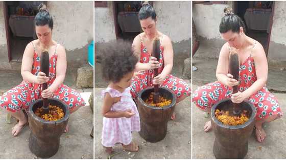 "Real African wife": White woman pounds palm fruits used for local 'banga soup', video goes viral on TikTok