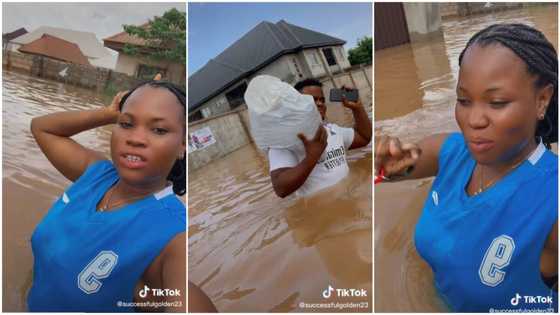 "This is what we're facing": Nigerian lady walks through street covered in flood in Asaba, makes video