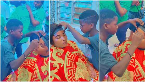 Talented young boy who works as make up artist lines the eyebrows of a grown lady, video goes viral