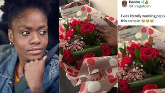 "She didn't see it": Nigerian lady under fire after displaying flower bouquet from admirer, netizens spot plantain leaf