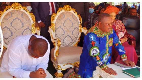 Photos emerge as Nigerian governors kneel in serious prayer while Father Mbaka prays
