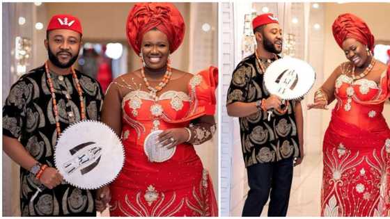 Slaying with love: Warri Pikin rocks gorgeous ensemble with hubby for 9th wedding anniversary