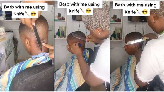 "Do you barb with cutlass?" Nigerian barber goes viral after using kitchen knive to Ccut hair, video emerges