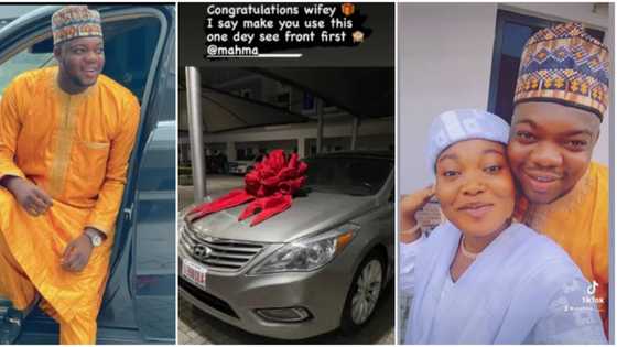 Cute Abiola's wife goes emotional in video as comedian spoils her with brand new car gift, Nigerians react