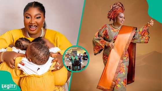 Mo Bimpe and team stage hilarious performance as her triplets clock 6 months, video sparks reactions