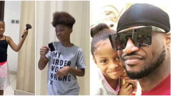 Peter Okoye’s daughter likens brother’s full hair to makeup brush in funny video, fans react