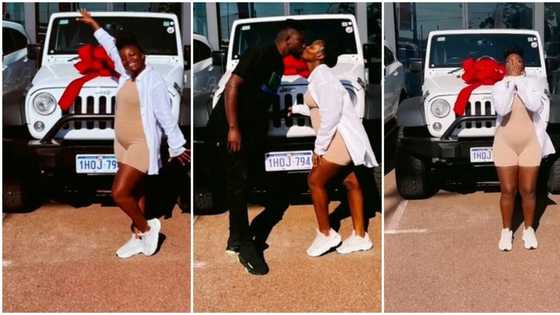 Ladies get jealous as pregnant woman receives brand new jeep as push gift from hubby, video stirs reactions